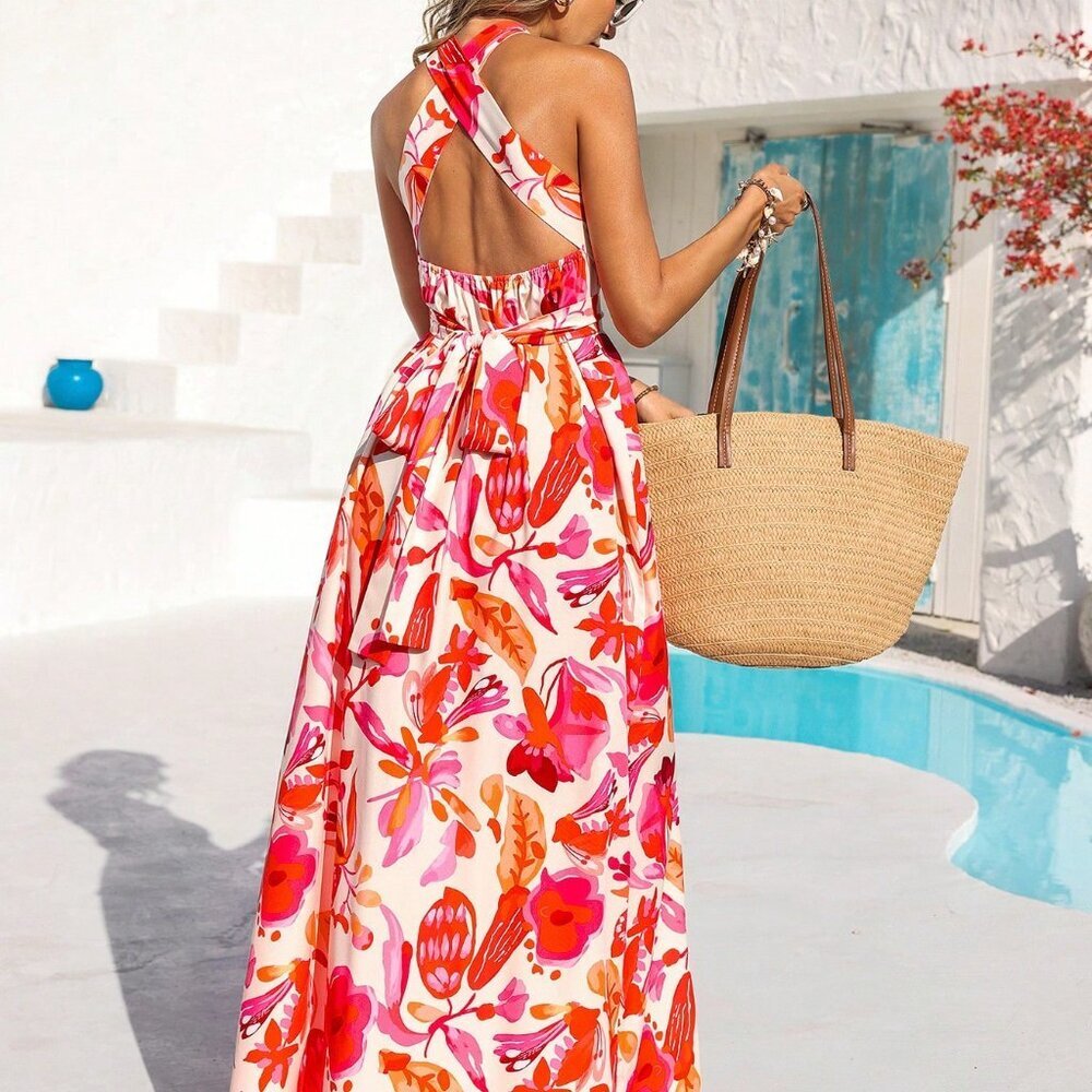 Boho Multicolor Women's Holiday Art Print Halter Neck Dress - Picture 2 of 6